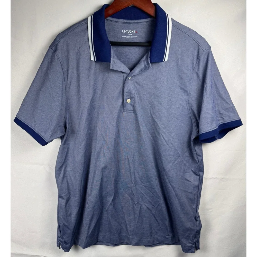 UNTUCKit Mens Day Polo Shirt Blue Heathered Pima Cotton Regular Fit 42037 L